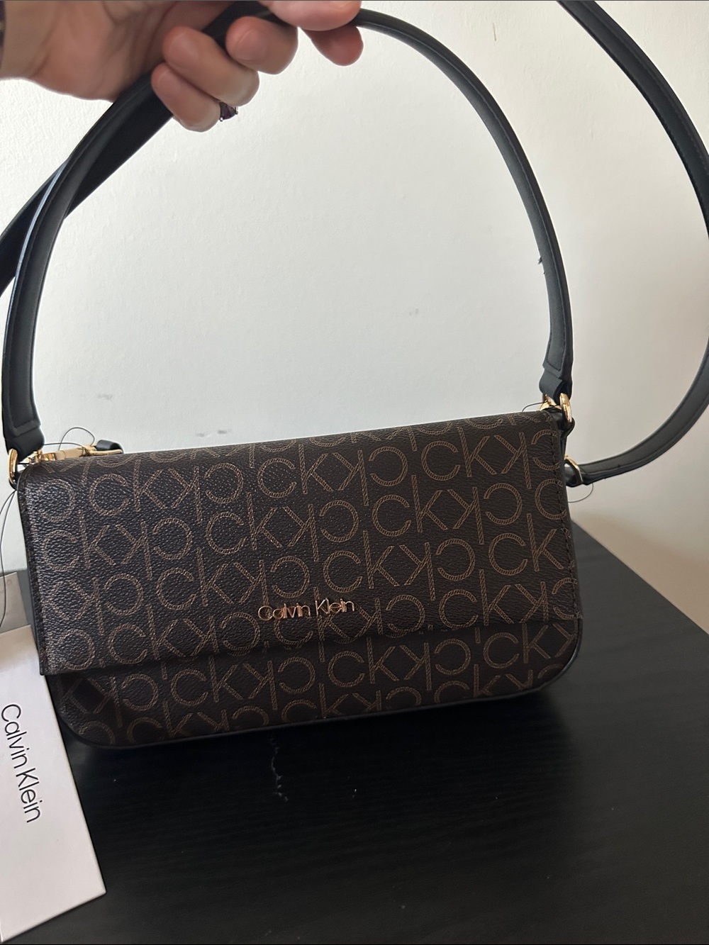 Calvin Klein Brown Monogram Shoulder Bag with Black Strap